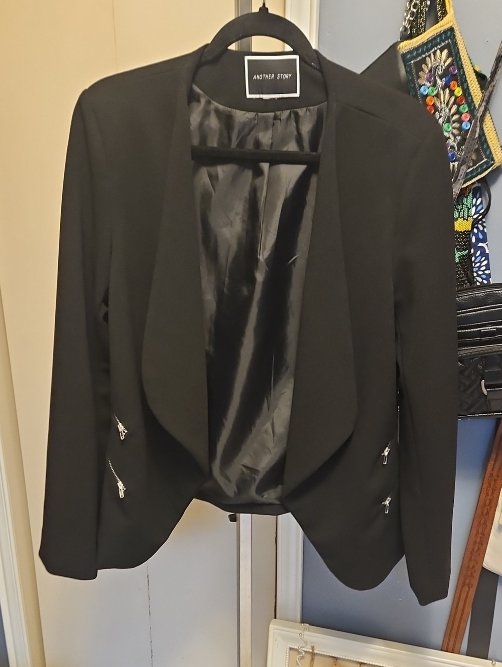 ANOTHER STORY Black Open-Front Draped SILVER ZIP DETAIL Blazer ptp18